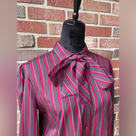 VTG James Kenrob Secretary Blouse Size 12 Womens Button Career Bow Tie - Picture 2 of 10